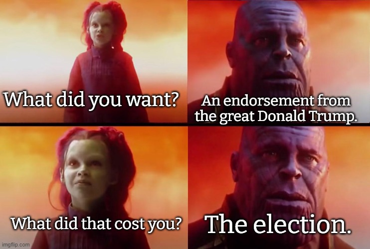 Maybe he's not all-powerful after all. | What did you want? An endorsement from the great Donald Trump. The election. What did that cost you? | image tagged in thanos what did it cost,what could go wrong | made w/ Imgflip meme maker