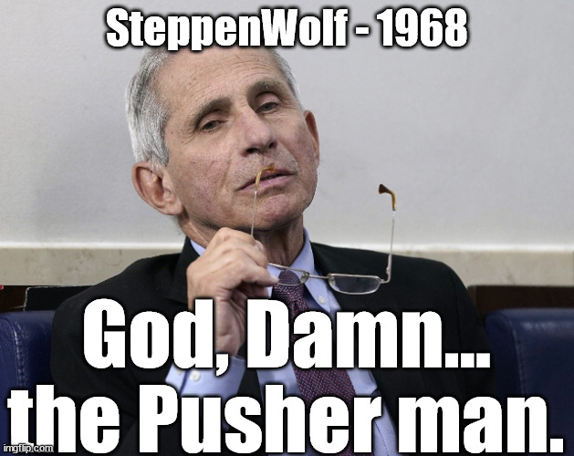 God, Damn... the Pusher man. | SteppenWolf - 1968; God, Damn...
the Pusher man. | image tagged in dr fauci,covid-19,coronavirus,joe biden,obama,drugs | made w/ Imgflip meme maker