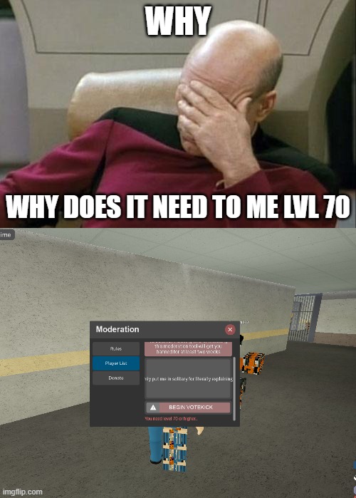 this is without a doubt the dumbest thing i have ever heard. | WHY; WHY DOES IT NEED TO ME LVL 70 | image tagged in memes,captain picard facepalm,blank white template,roblox | made w/ Imgflip meme maker