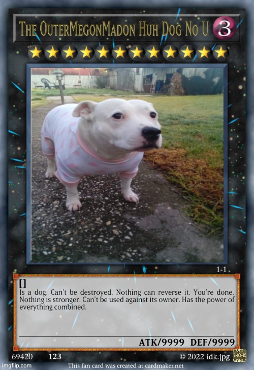 New card | image tagged in the outermegonmadon huh dog no u | made w/ Imgflip meme maker