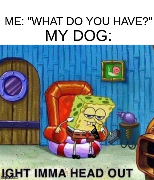 Spongebob Ight Imma Head Out | ME: "WHAT DO YOU HAVE?"; MY DOG: | image tagged in memes,spongebob ight imma head out | made w/ Imgflip meme maker
