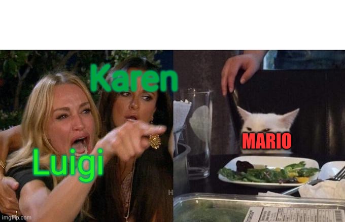 Smg4 new episode in a nutshell spoiler warning | Karen; MARIO; Luigi | image tagged in memes,woman yelling at cat,smg4,spoiler,mario | made w/ Imgflip meme maker
