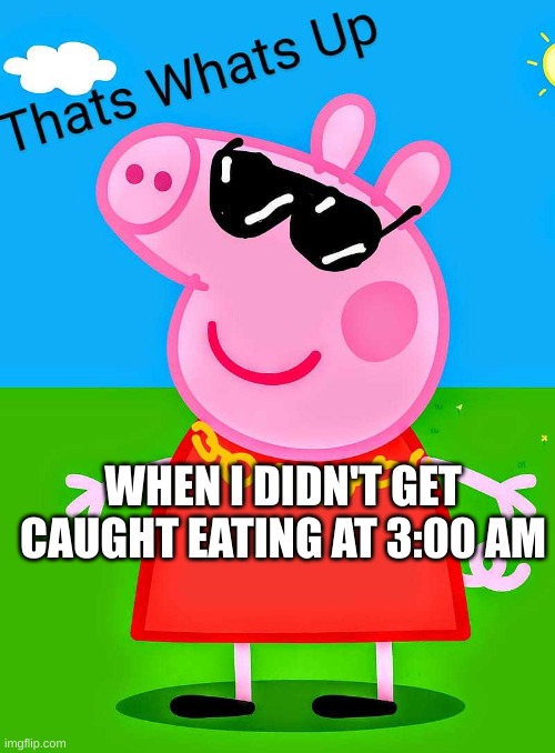 peppa pig the drip | WHEN I DIDN'T GET CAUGHT EATING AT 3:00 AM | image tagged in peppa pig the drip | made w/ Imgflip meme maker