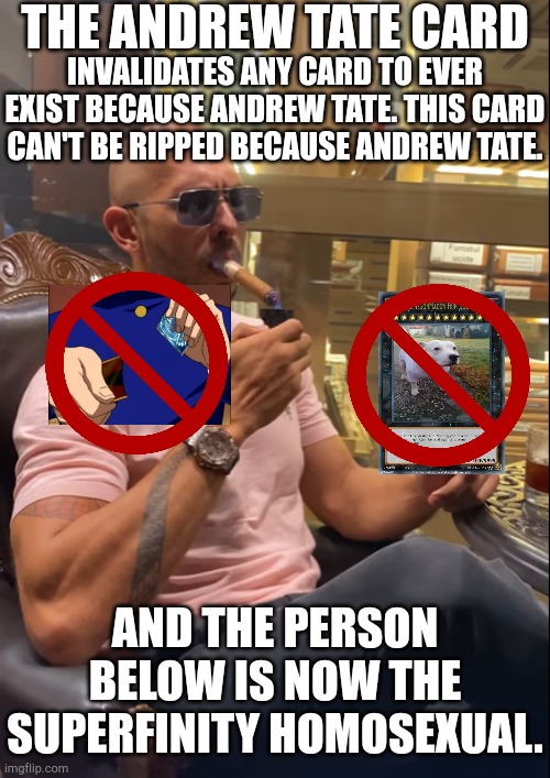 my honest reaction | THE ANDREW TATE CARD; INVALIDATES ANY CARD TO EVER EXIST BECAUSE ANDREW TATE. THIS CARD CAN'T BE RIPPED BECAUSE ANDREW TATE. AND THE PERSON BELOW IS NOW THE SUPERFINITY HOMOSEXUAL. | image tagged in cry about it | made w/ Imgflip meme maker