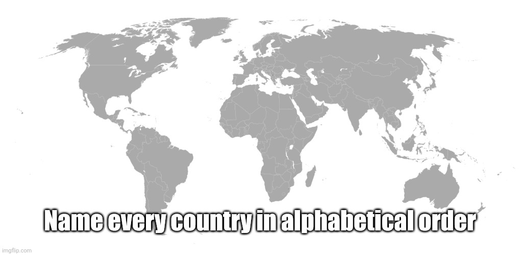 Name every country | Name every country in alphabetical order | image tagged in transparent world,world map,world,the world,memes | made w/ Imgflip meme maker