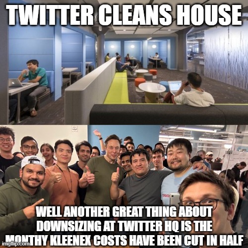 LESS TISSUES FOR WOKE ISSUES | TWITTER CLEANS HOUSE; WELL ANOTHER GREAT THING ABOUT DOWNSIZING AT TWITTER HQ IS THE MONTHY KLEENEX COSTS HAVE BEEN CUT IN HALF | image tagged in twitter,elon | made w/ Imgflip meme maker