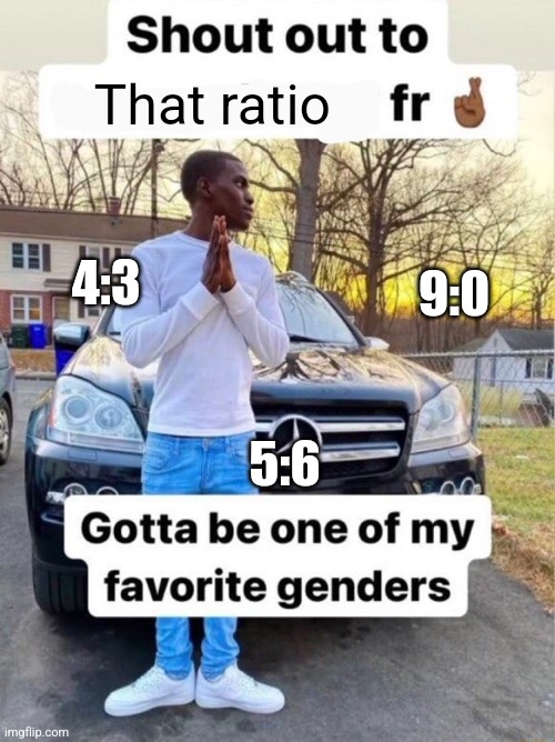 Shout out to.... Gotta be one of my favorite genders | That ratio 4:3 5:6 9:0 | image tagged in shout out to gotta be one of my favorite genders | made w/ Imgflip meme maker