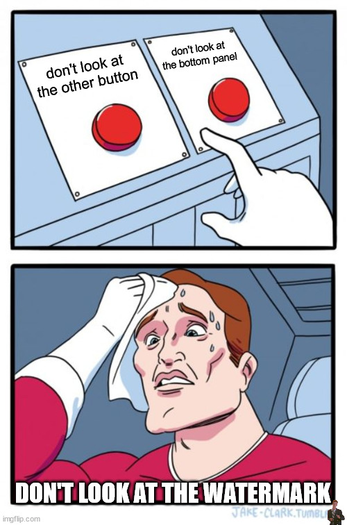 Two Buttons | don't look at the bottom panel; don't look at the other button; DON'T LOOK AT THE WATERMARK | image tagged in memes,two buttons | made w/ Imgflip meme maker