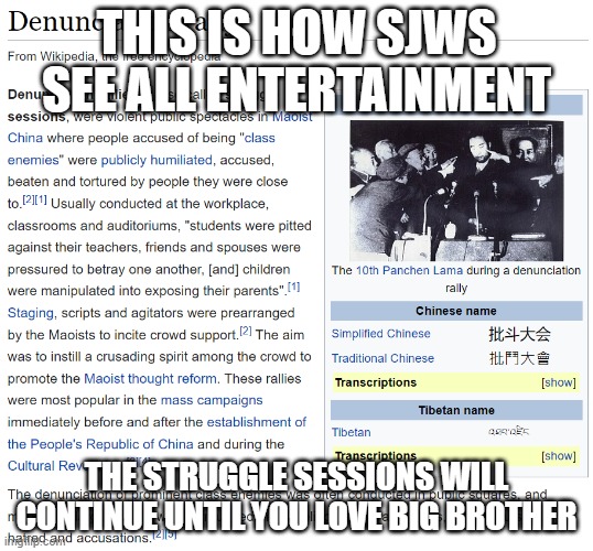 Denunciation rally | THIS IS HOW SJWS SEE ALL ENTERTAINMENT; THE STRUGGLE SESSIONS WILL CONTINUE UNTIL YOU LOVE BIG BROTHER | image tagged in denunciation rally | made w/ Imgflip meme maker