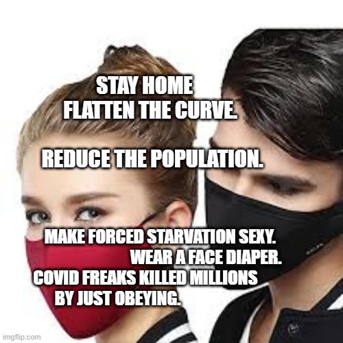 Mask Couple | STAY HOME        FLATTEN THE CURVE.                          REDUCE THE POPULATION. MAKE FORCED STARVATION SEXY.                                      WEAR A FACE DIAPER.          COVID FREAKS KILLED MILLIONS                           BY JUST OBEYING. | image tagged in mask couple | made w/ Imgflip meme maker