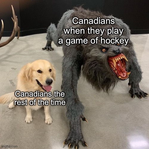 Canadians are… idk | Canadians when they play a game of hockey; Canadians the rest of the time | image tagged in good dog scary dog | made w/ Imgflip meme maker