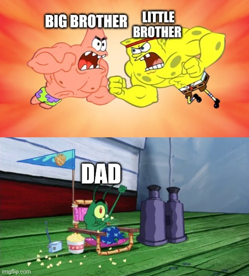 Dads be like |  BIG BROTHER; LITTLE BROTHER; DAD | image tagged in spongebob and patrick fighting with plankton cheering them,spongebob squarepants,patrick star,plankton,nickelodeon | made w/ Imgflip meme maker