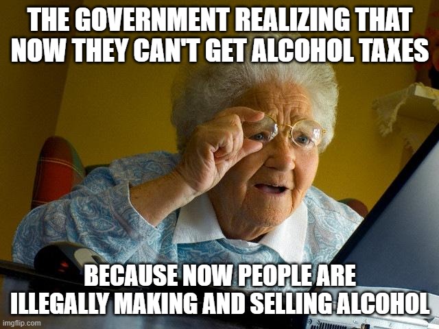 Grandma Finds The Internet Meme | THE GOVERNMENT REALIZING THAT NOW THEY CAN'T GET ALCOHOL TAXES; BECAUSE NOW PEOPLE ARE ILLEGALLY MAKING AND SELLING ALCOHOL | image tagged in memes,grandma finds the internet | made w/ Imgflip meme maker