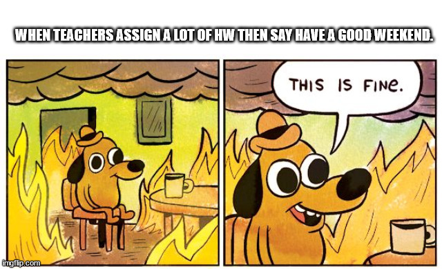 This Is Fine | WHEN TEACHERS ASSIGN A LOT OF HW THEN SAY HAVE A GOOD WEEKEND. | image tagged in memes,this is fine | made w/ Imgflip meme maker