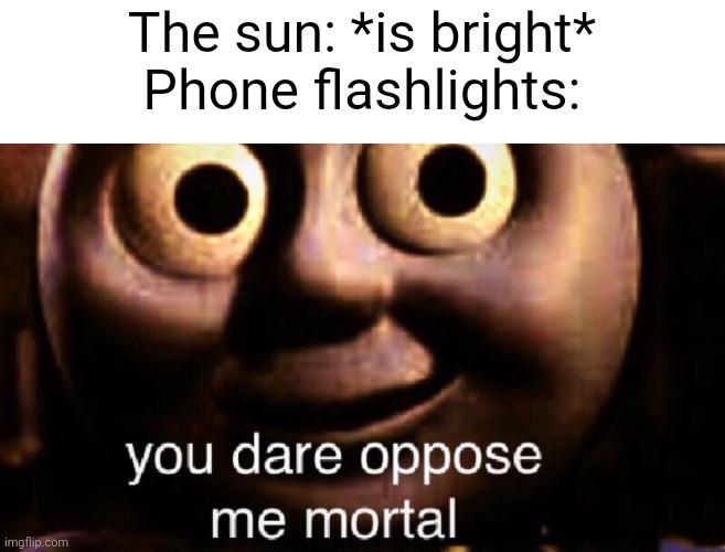 They do damn bright | The sun: *is bright*
Phone flashlights: | image tagged in you dare oppose me mortal,phone | made w/ Imgflip meme maker