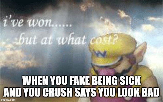 I've won but at what cost? |  WHEN YOU FAKE BEING SICK AND YOU CRUSH SAYS YOU LOOK BAD | image tagged in i've won but at what cost | made w/ Imgflip meme maker