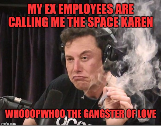 Maurice |  MY EX EMPLOYEES ARE CALLING ME THE SPACE KAREN; WHOOOPWHOO THE GANGSTER OF LOVE | image tagged in elon musk smoking a joint | made w/ Imgflip meme maker