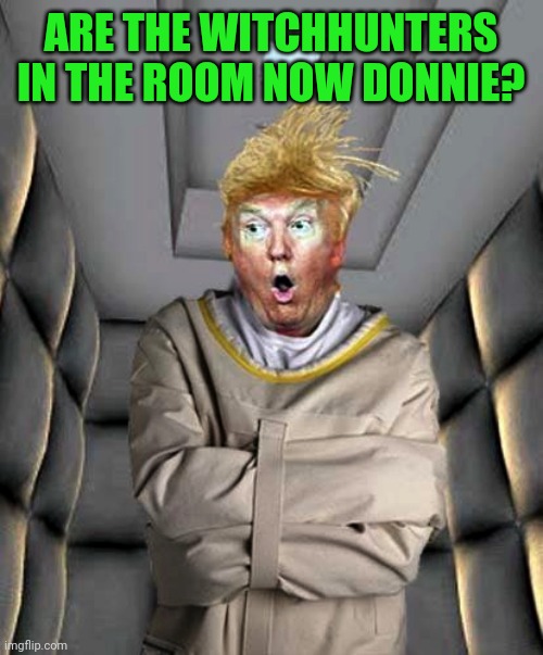 Looking for voter fraud in all the wrong places | ARE THE WITCHHUNTERS IN THE ROOM NOW DONNIE? | image tagged in trump insane strait jacket rubber room | made w/ Imgflip meme maker