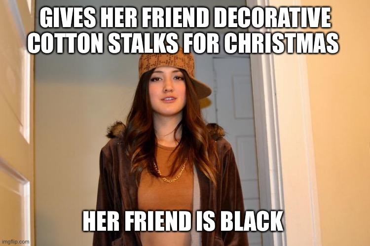 Scumbag Stephanie  | GIVES HER FRIEND DECORATIVE COTTON STALKS FOR CHRISTMAS; HER FRIEND IS BLACK | image tagged in scumbag stephanie | made w/ Imgflip meme maker