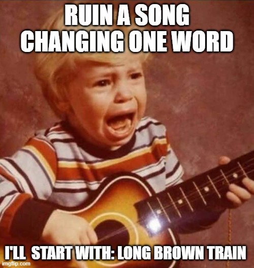 And this next song | RUIN A SONG CHANGING ONE WORD; I'LL  START WITH: LONG BROWN TRAIN | image tagged in and this next song | made w/ Imgflip meme maker