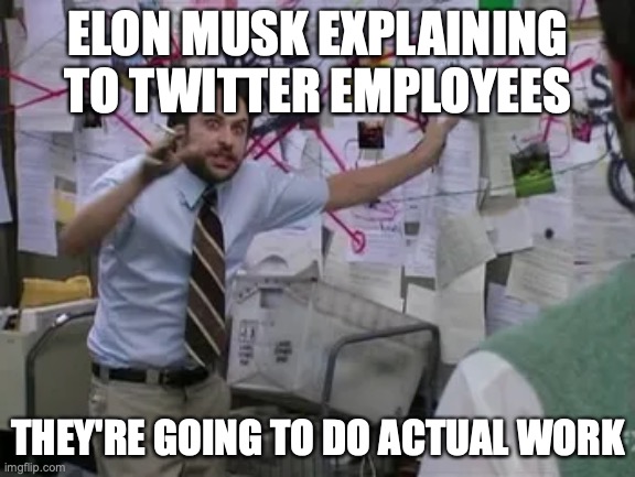 Elon Musk Explaining to Twitter Workers They have to Actually Work | ELON MUSK EXPLAINING TO TWITTER EMPLOYEES; THEY'RE GOING TO DO ACTUAL WORK | image tagged in twitter,elon musk | made w/ Imgflip meme maker