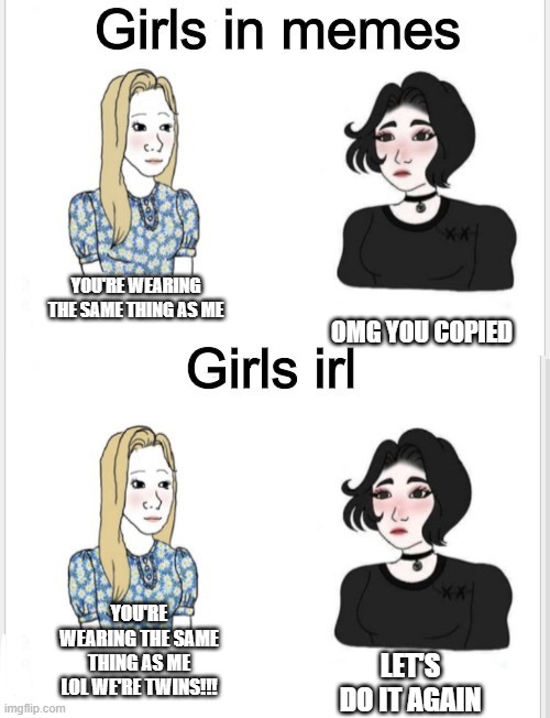 especially elementary school girls | YOU'RE WEARING THE SAME THING AS ME; OMG YOU COPIED; YOU'RE WEARING THE SAME THING AS ME LOL WE'RE TWINS!!! LET'S DO IT AGAIN | image tagged in girls in memes | made w/ Imgflip meme maker