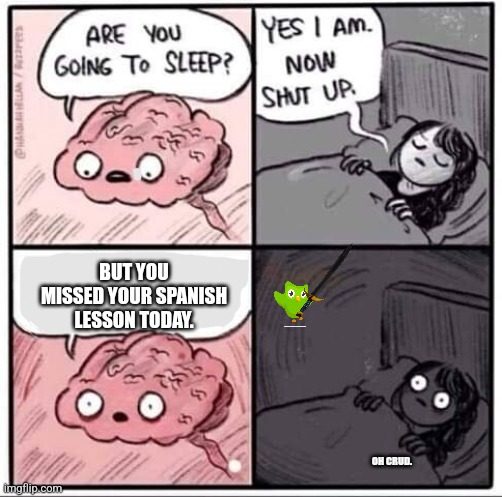 GET BACK DUOLINGO! | BUT YOU MISSED YOUR SPANISH LESSON TODAY. OH CRUD. | image tagged in sleeping brain,duolingo | made w/ Imgflip meme maker