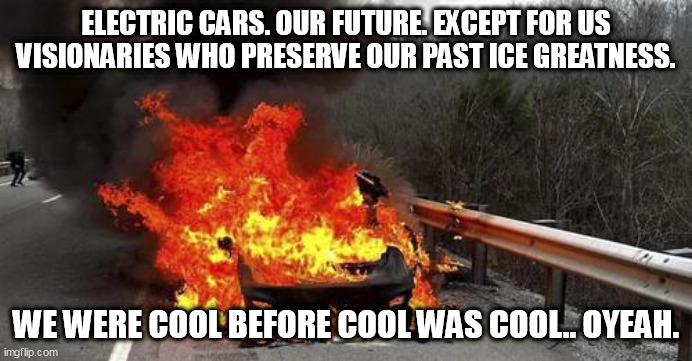 Cool, not flaming, just cool. | ELECTRIC CARS. OUR FUTURE. EXCEPT FOR US VISIONARIES WHO PRESERVE OUR PAST ICE GREATNESS. WE WERE COOL BEFORE COOL WAS COOL.. OYEAH. | image tagged in cars,tesla,classic | made w/ Imgflip meme maker