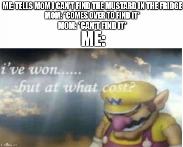 I won but at what cost | ME: TELLS MOM I CAN'T FIND THE MUSTARD IN THE FRIDGE; MOM: *COMES OVER TO FIND IT*; ME:; MOM: *CAN'T FIND IT* | image tagged in i won but at what cost | made w/ Imgflip meme maker