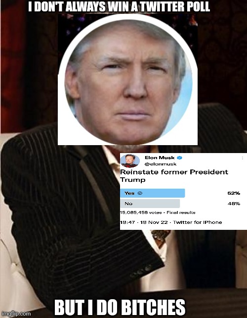 Trump Twitter Poll | I DON'T ALWAYS WIN A TWITTER POLL; BUT I DO BITCHES | image tagged in i don't always,trump,trump twitter | made w/ Imgflip meme maker