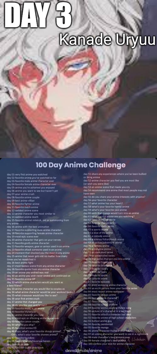 The only dude that lives forever since nobody said hell vanished... :v | DAY 3; Kanade Uryuu | image tagged in 100 day anime challenge | made w/ Imgflip meme maker