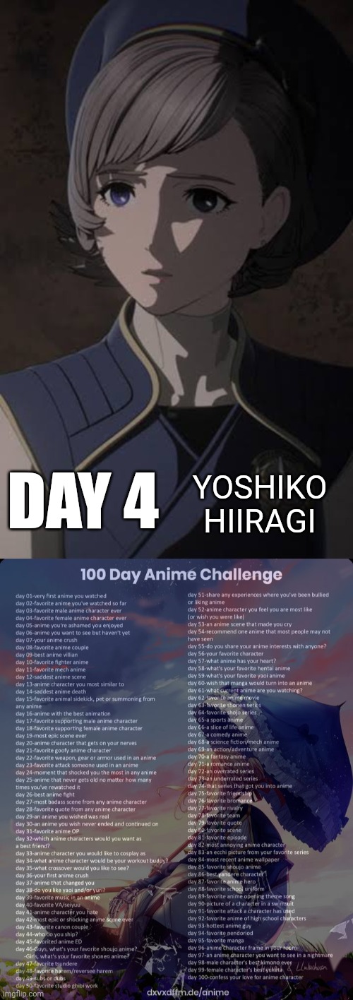 No. 1 en mi corazón :") | YOSHIKO HIIRAGI; DAY 4 | image tagged in 100 day anime challenge | made w/ Imgflip meme maker