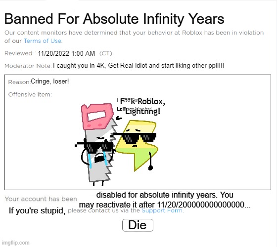 banned from ROBLOX (2021 Edition) | Banned For Absolute Infinity Years; 11/20/2022 1:00 AM; I caught you in 4K, Get Real idiot and start liking other ppl!!!! Cringe, loser! F**k Roblox, Lightnng! disabled for absolute infinity years. You may reactivate it after 11/20/200000000000000... If you're stupid, Die | image tagged in banned from roblox 2021 edition | made w/ Imgflip meme maker