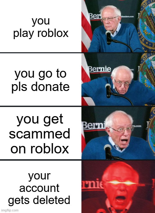 The truth... | you play roblox; you go to pls donate; you get scammed on roblox; your account gets deleted | image tagged in bernie sanders reaction nuked | made w/ Imgflip meme maker