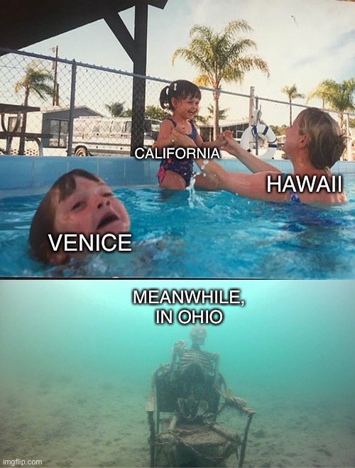 Mother Ignoring Kid Drowning In A Pool | CALIFORNIA; HAWAII; VENICE; MEANWHILE, IN OHIO | image tagged in mother ignoring kid drowning in a pool | made w/ Imgflip meme maker