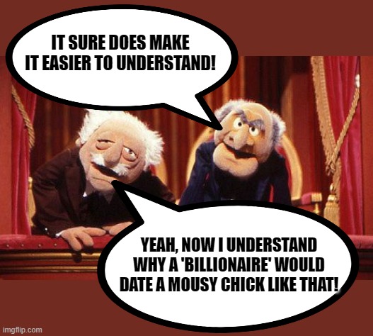 IT SURE DOES MAKE IT EASIER TO UNDERSTAND! YEAH, NOW I UNDERSTAND WHY A 'BILLIONAIRE' WOULD DATE A MOUSY CHICK LIKE THAT! | image tagged in muppet old guys | made w/ Imgflip meme maker