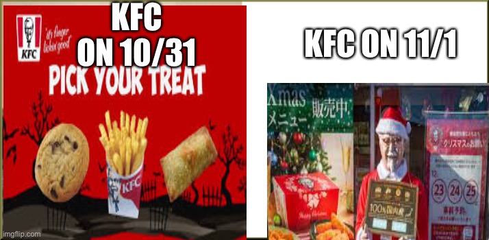 Kfc | KFC ON 10/31; KFC ON 11/1 | made w/ Imgflip meme maker