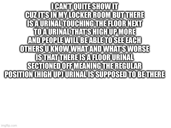 Bruh | I CAN’T QUITE SHOW IT CUZ IT’S IN MY LOCKER ROOM BUT THERE IS A URINAL TOUCHING THE FLOOR NEXT TO A URINAL THAT’S HIGH UP MORE AND PEOPLE WILL BE ABLE TO SEE EACH OTHERS U KNOW WHAT AND WHAT’S WORSE IS THAT THERE IS A FLOOR URINAL SECTIONED OFF MEANING THE REGULAR POSITION (HIGH UP) URINAL IS SUPPOSED TO BE THERE | image tagged in blank white template,you had one job | made w/ Imgflip meme maker