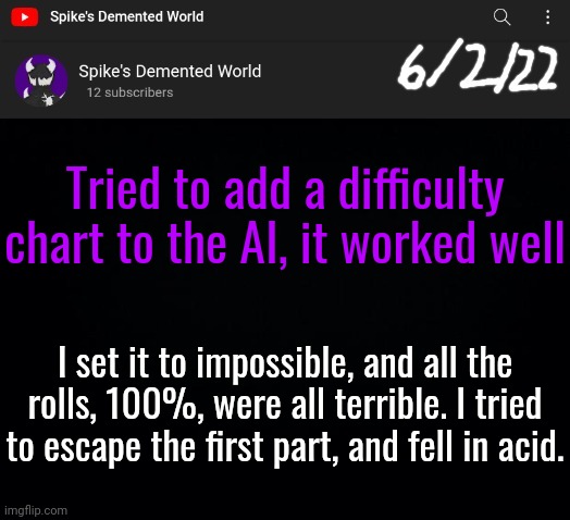 Spike Announcement Template | Tried to add a difficulty chart to the AI, it worked well; I set it to impossible, and all the rolls, 100%, were all terrible. I tried to escape the first part, and fell in acid. | image tagged in spike announcement template | made w/ Imgflip meme maker