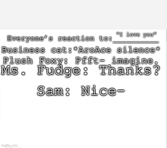 The Kool•Krew’s reaction to “I love ya” | Business cat:*AroAce silence*; “I love you”; Plush Foxy: Pfft- imagine. Ms. Fudge: Thanks? Sam: Nice- | image tagged in everyone s reaction to | made w/ Imgflip meme maker