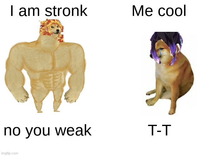 Buff Doge vs. Cheems Meme | I am stronk; Me cool; no you weak; T-T | image tagged in memes,buff doge vs cheems | made w/ Imgflip meme maker