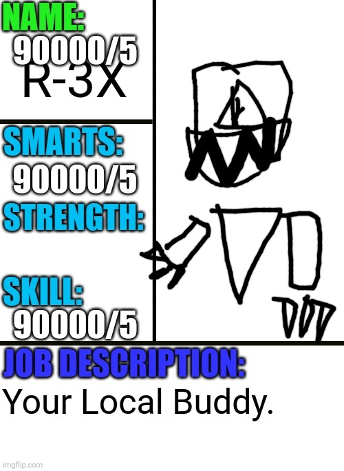 srry for not putting him in this stream i forgor | 90000/5; R-3X; 90000/5; 90000/5; Your Local Buddy. | image tagged in antiboss-heroes template | made w/ Imgflip meme maker