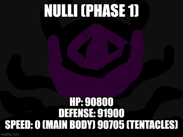 NULL | NULLI (PHASE 1); HP: 90800
DEFENSE: 91900
SPEED: 0 (MAIN BODY) 90705 (TENTACLES) | made w/ Imgflip meme maker