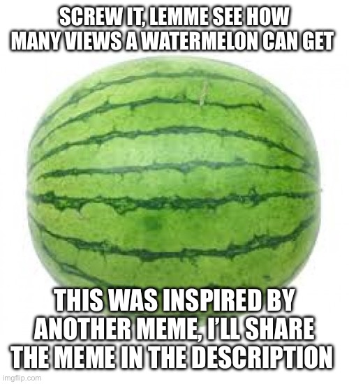 Let’s see how many views a watermelon can get | SCREW IT, LEMME SEE HOW MANY VIEWS A WATERMELON CAN GET; THIS WAS INSPIRED BY ANOTHER MEME, I’LL SHARE THE MEME IN THE DESCRIPTION | image tagged in watermelon | made w/ Imgflip meme maker