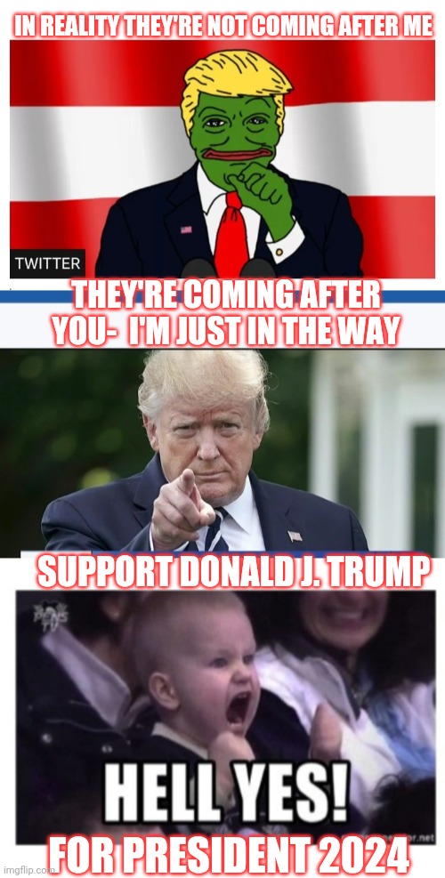 VOTE TRUMP | IN REALITY THEY'RE NOT COMING AFTER ME; THEY'RE COMING AFTER YOU-  I'M JUST IN THE WAY; SUPPORT DONALD J. TRUMP; FOR PRESIDENT 2024 | image tagged in maga,save the earth,vote,president trump,awesomeness | made w/ Imgflip meme maker