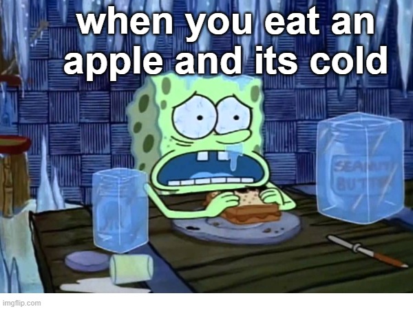 i think its fresh! | when you eat an apple and its cold | image tagged in spongebob | made w/ Imgflip meme maker