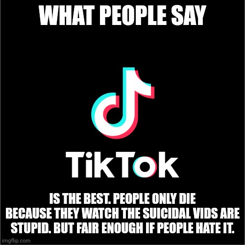 Tiktok | WHAT PEOPLE SAY; IS THE BEST. PEOPLE ONLY DIE BECAUSE THEY WATCH THE SUICIDAL VIDS ARE STUPID. BUT FAIR ENOUGH IF PEOPLE HATE IT. | image tagged in tiktok logo | made w/ Imgflip meme maker
