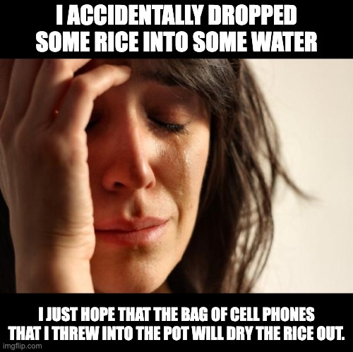 Dry it out | I ACCIDENTALLY DROPPED SOME RICE INTO SOME WATER; I JUST HOPE THAT THE BAG OF CELL PHONES THAT I THREW INTO THE POT WILL DRY THE RICE OUT. | image tagged in memes,first world problems | made w/ Imgflip meme maker