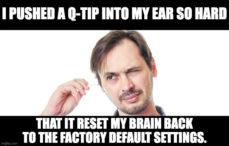 Q-Tip | I PUSHED A Q-TIP INTO MY EAR SO HARD; THAT IT RESET MY BRAIN BACK TO THE FACTORY DEFAULT SETTINGS. | image tagged in stupid | made w/ Imgflip meme maker