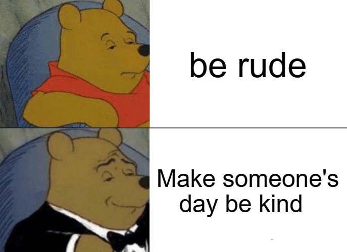 Make someone's day be kind | be rude; Make someone's day be kind | image tagged in memes,tuxedo winnie the pooh | made w/ Imgflip meme maker